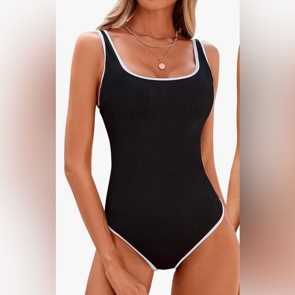 Black Ribbed One-Piece Swimsuit Size Large NWT